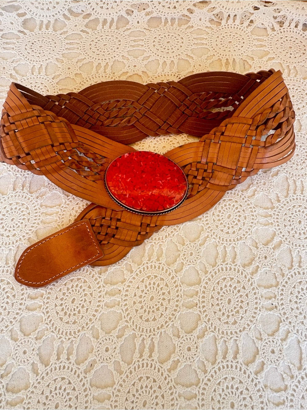 Woven Tan Leather Belt with Red Stone Acrylic Accent XS